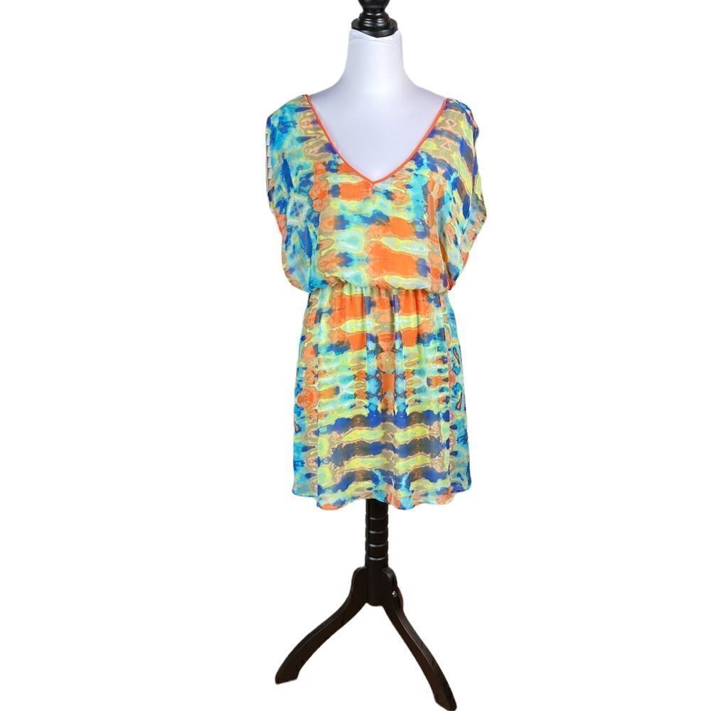 GB Orange, Yellow, And Blue Fit And Flare V-Neck Dress, Size M‎